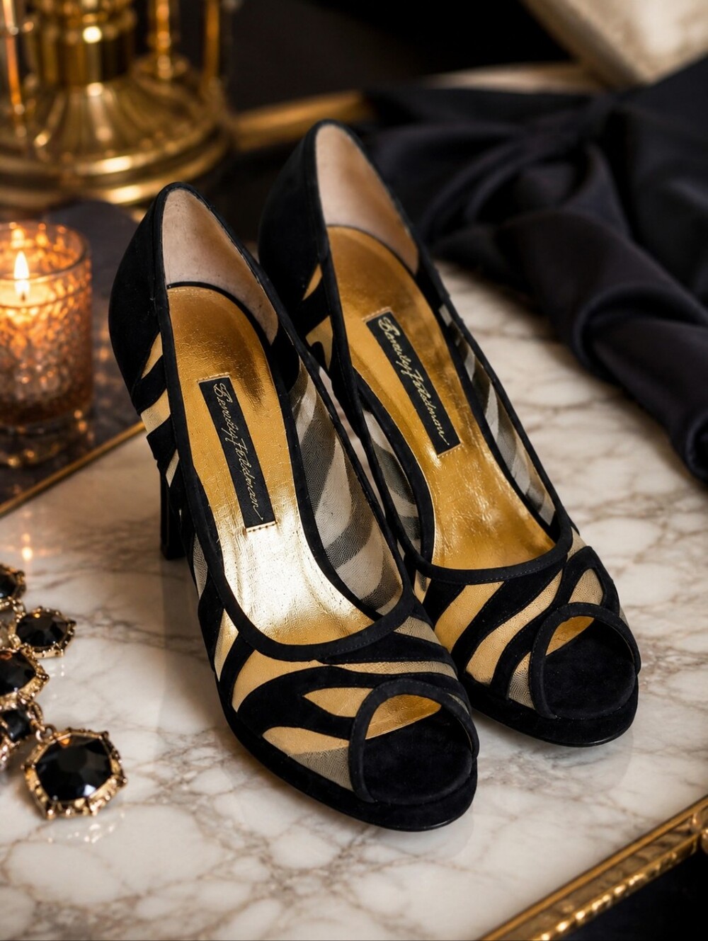 Beverly Feldman Honey2 Black Suede and Mesh Peep Toe Heel - Picture 2 of 16